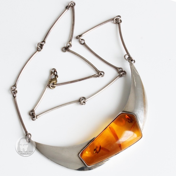 Vintage Necklace with Amber Pendant Abstract Artisan Silver Metal 90s Statement - Picture 2 of 8